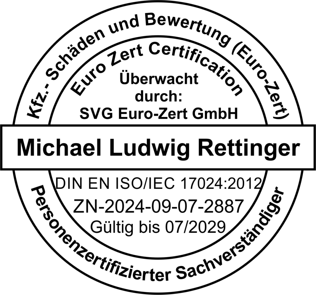 Siegel "Personalzertifizierter Sachverständiger (Euro-Zert) gemäß DIN EN ISO/IEC 17024:2012 für Kfz-Schäden und Bewertung"